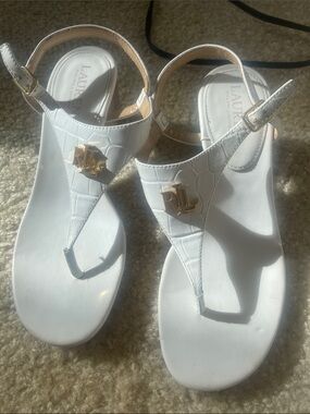 Lauren Ralph Lauren White Croc-Embossed T-Strap Sandals with Gold RL Emblem
